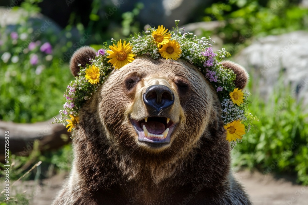 Obraz premium Sunny daylight. Summer happiness. Cute adult animal grizzly bear wearing savage flower wreath on its head. Elegant forest animal with flowers. Peaceful wild animal in nature.