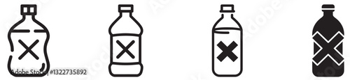 Four Plastic Bottle Icons No Alcohol Prohibition Sign Black White Graphic Design Elements Set art line drink cross image shape clean style  