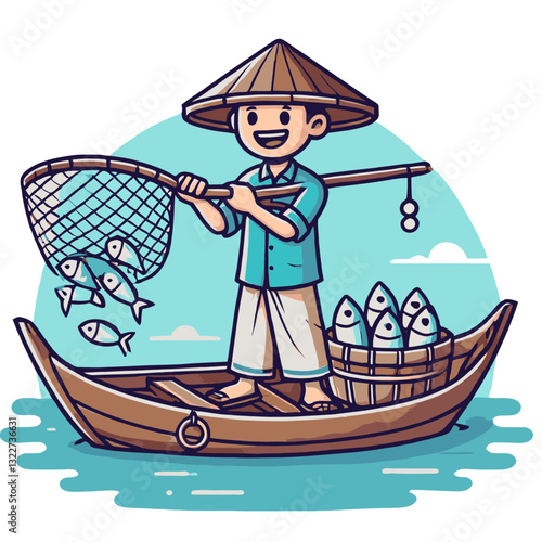 Smiling Fisherman in a Boat Catching Fish with a Net on a Blue Water Background
