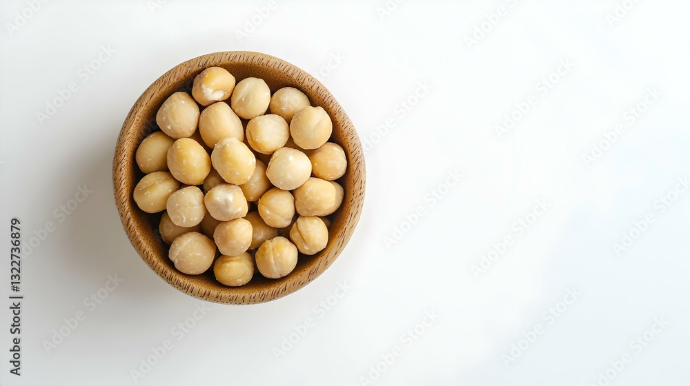 Macadamia nuts in wooden bowl on white Macadamia nuts in wooden bowl on white