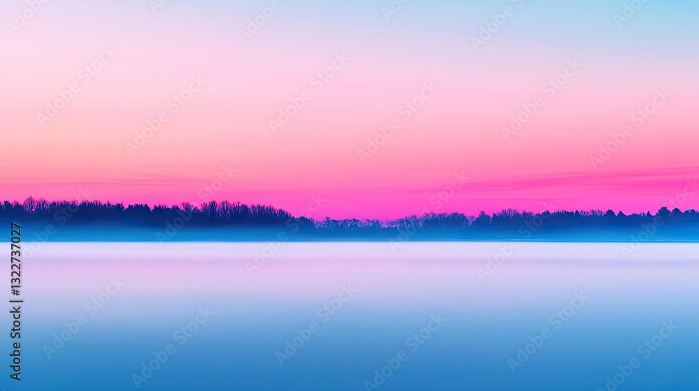 Fototapeta premium Digital watercolor painting abstract background idea. Breathtaking sunset over calm waters with serene colors and distant trees reflected.