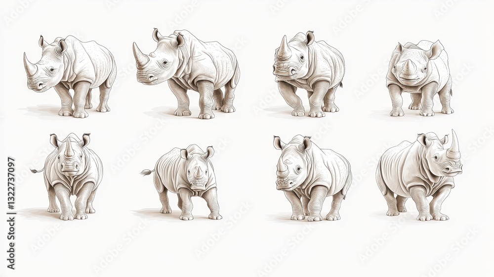 Obraz premium Eight Sepia Rhinoceros Sketches Poses and Line Variations