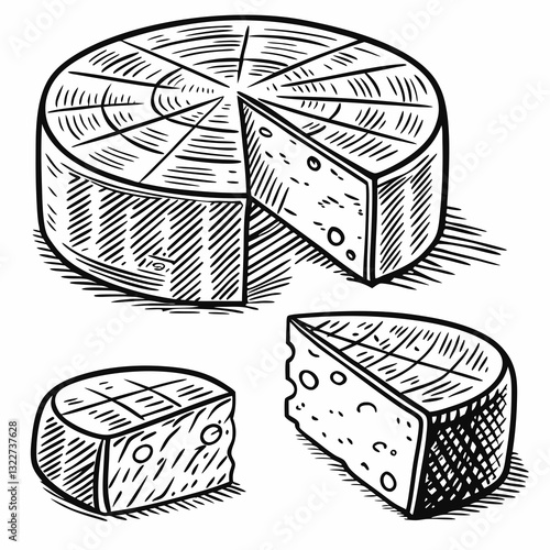 Hand-drawn, engraving-style illustration of three different cheese wheels, including whole and sliced pieces