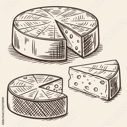 Hand-drawn, engraving-style illustration of three different cheese wheels, including whole and sliced pieces