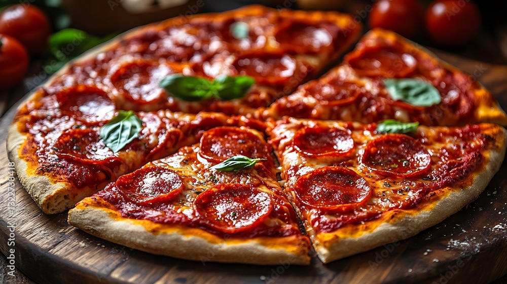Delicious sliced pizza with pepperoni and fresh green basil Delicious sliced pizza with pepperoni and fresh green basil