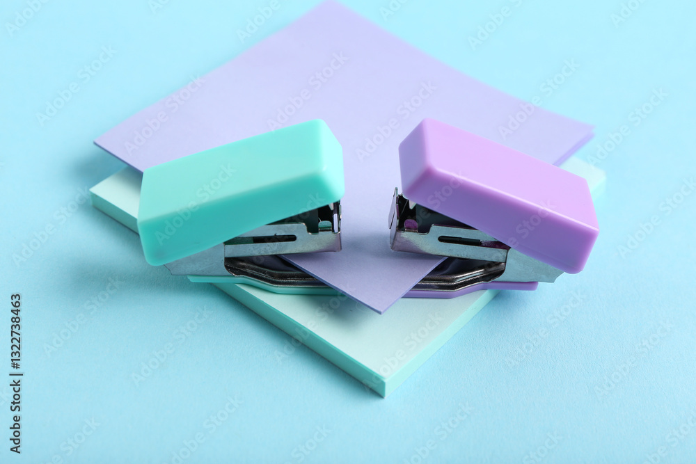 Different small staplers with sticky notes on blue background Different small staplers with sticky notes on blue background
