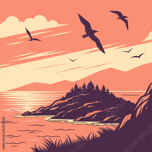 Sunset over ocean with birds flying near an island silhouette.