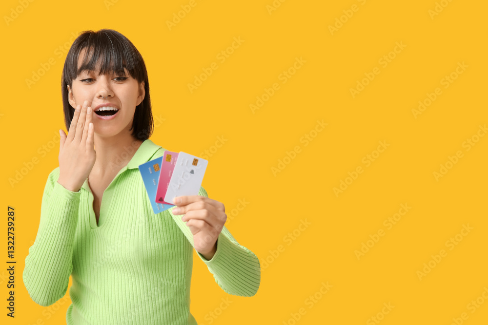 Shocked young woman with credit cards on yellow background Shocked young woman with credit cards on yellow background
