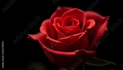 A stunning, high-resolution macro photograph of a red rose in full bloom against a pitch-black background. The petals spiral outward symmetrically, glowing softly under controlled lighting,