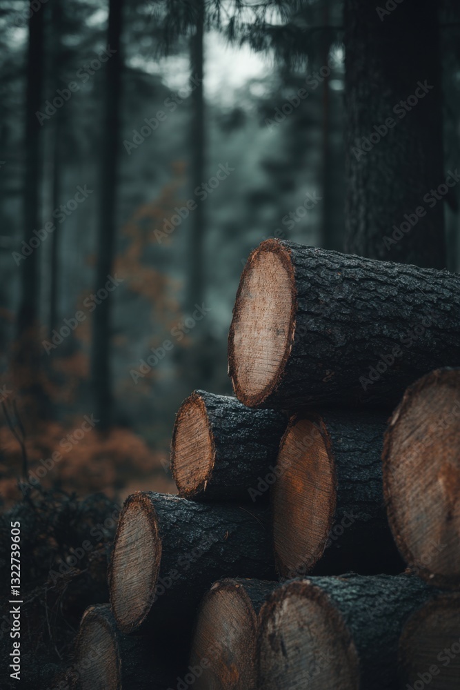Dark Forest Lumber Stack: A Moody Autumnal Scene of Stacked Tree Trunks in a Deep, Mysterious Woodland Setting Dark Forest Lumber Stack: A Moody Autumnal Scene of Stacked Tree Trunks in a Deep, Mysterious Woodland Setting