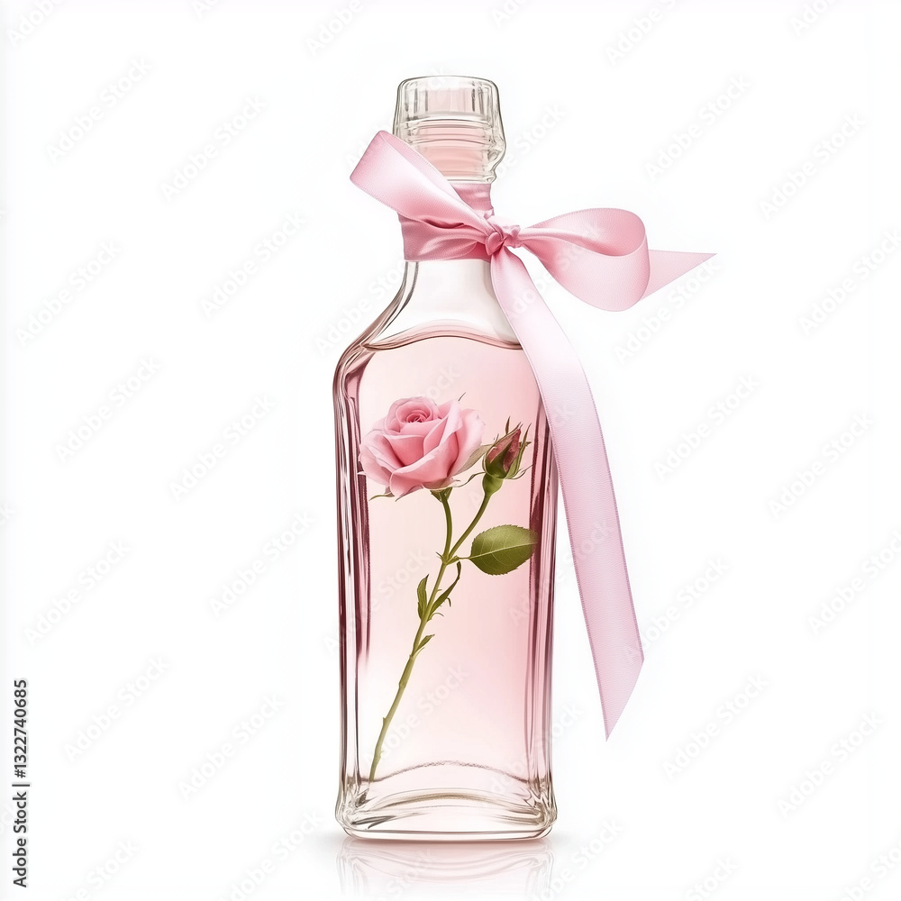 A glass bottle of rose water with a delicate pink label and a satin Generative ai A glass bottle of rose water with a delicate pink label and a satin Generative ai