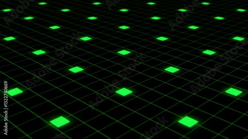 Minimalist Gradient with Black and Green Palette digital grid of glowing green squares on a dark background, creating a futuristic and abstract visual effect, often used in technology, design contexts