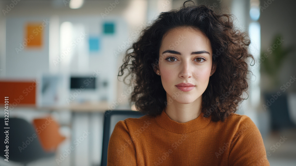 confident young woman with curly hair sits in modern office, wearing orange sweater. bright workspace features contemporary design, creating professional atmosphere confident young woman with curly hair sits in modern office, wearing orange sweater. bright workspace features contemporary design, creating professional atmosphere