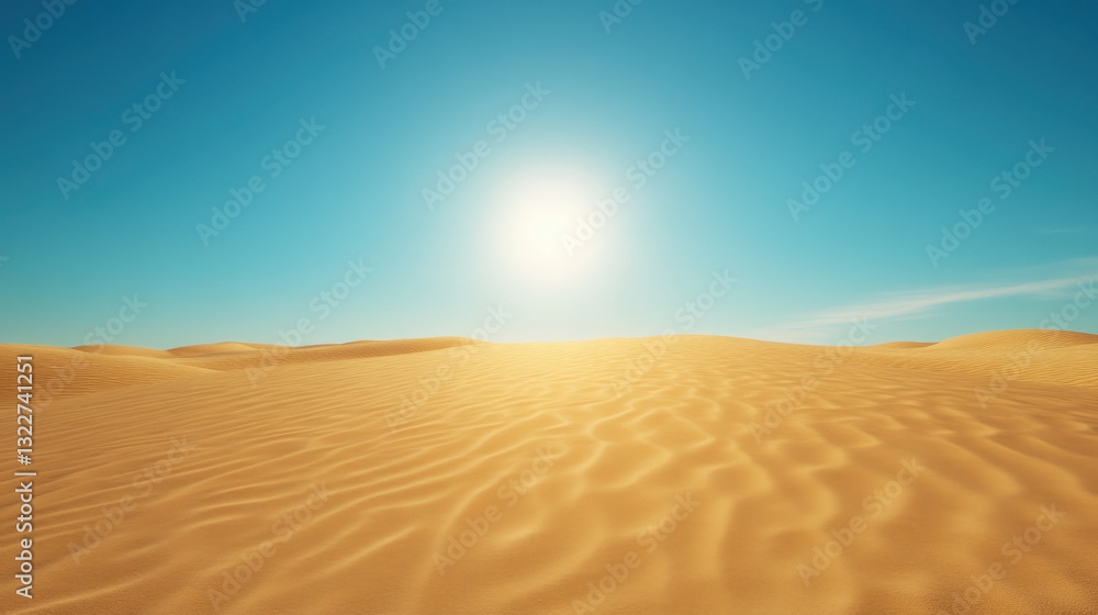 Naklejka premium vast desert landscape with golden sand dunes under bright sun, creating serene and tranquil atmosphere. clear blue sky enhances beauty of this natural scene