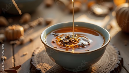 An artistic, slow-motion-inspired image capturing loose tea leaves swirling gracefully inside a delicate ceramic cup. A thin stream of honey drizzles into the tea, 