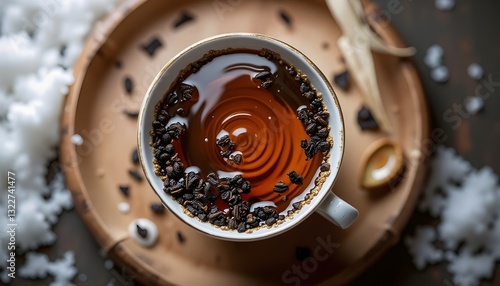 An artistic, slow-motion-inspired image capturing loose tea leaves swirling gracefully inside a delicate ceramic cup. A thin stream of honey drizzles into the tea, creating ripples that mix the amber 