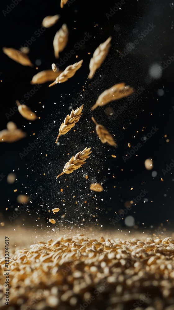 Flying barley and falling tossed wheat grains captured mid-air against a dark backdrop, with scattered salt texture accents adding a touch of elegance, perfect for an advertising design Flying barley and falling tossed wheat grains captured mid-air against a dark backdrop, with scattered salt texture accents adding a touch of elegance, perfect for an advertising design