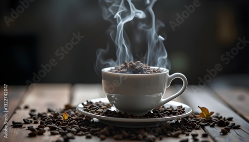 A deep and moody still-life shot featuring a white teacup with dark loose tea leaves gently spinning as they expand in the hot water. The motion of the leaves creates an artistic whirlpool effect,