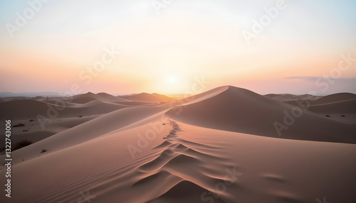 A cinematic time-lapse showcasing the vast openness of a desert at sunrise, beginning with a pale white sky that gradually absorbs soft pink and golden hues. The sand dunes, untouched and smooth, 
