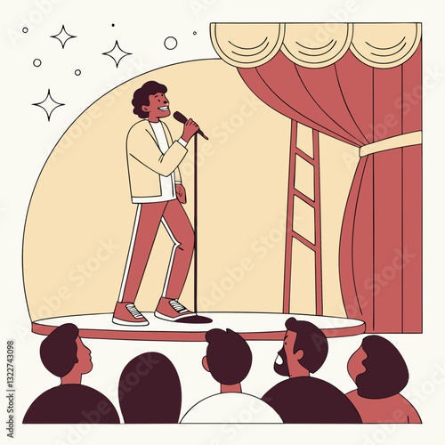 Comedian artist persons with microphone perform stand-up comedy show on stage vector set, audience listening jokes