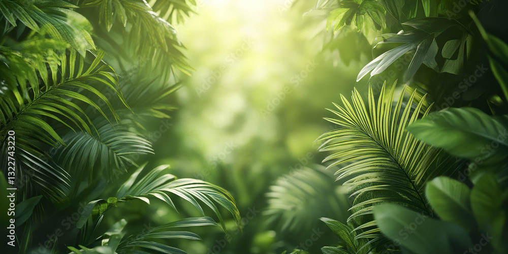 Lush green foliage in tropical jungle with sunlight filtering through Lush green foliage in tropical jungle with sunlight filtering through