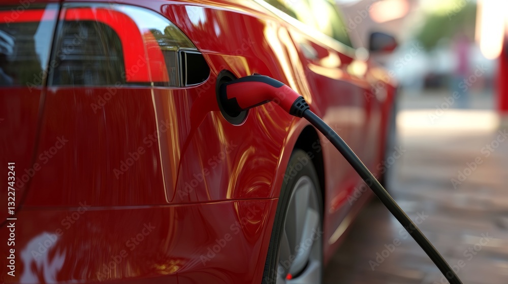 Electric vehicle charging at a station with a vibrant red car under clear skies during daytime Electric vehicle charging at a station with a vibrant red car under clear skies during daytime