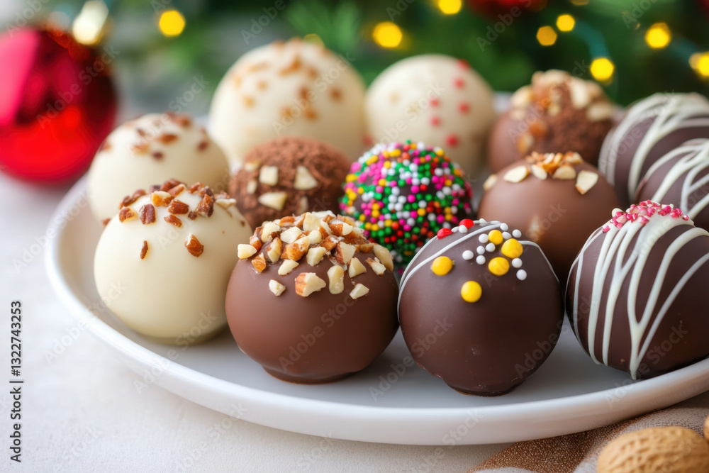 Obraz premium Decadent chocolate truffles decorated with nuts and sprinkles, perfect for festive celebrations. These delightful treats bring joy and sweetness to any gathering