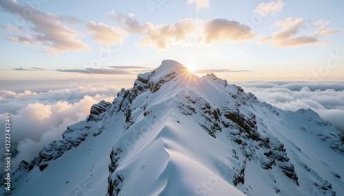 A dramatic time-lapse of a snow-covered mountain peak at sunrise, where the sky is stark white, blending seamlessly with the frosty landscape. Slowly, the first rays of the sun cast a soft golden glow