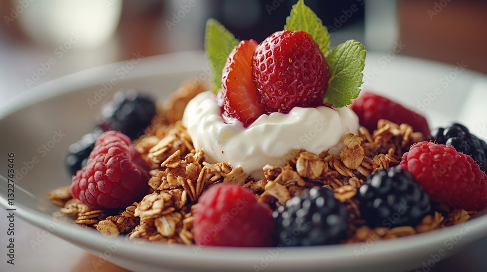A plate of yogurt with granola, strawberries and fresh berries