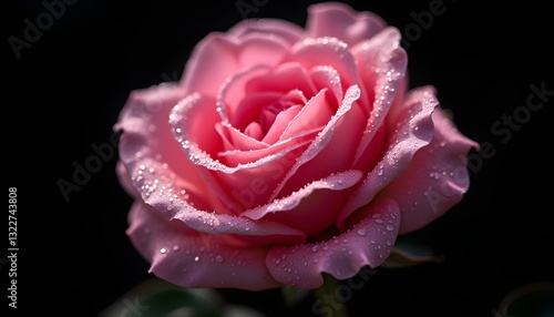 A delicate pink rosebud slowly unfurls its petals against a deep black background, captured in a time-lapse effect. The soft petals transition from tightly wrapped to fully open, 