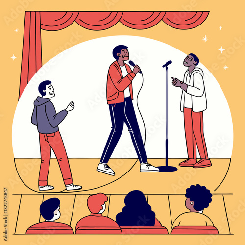 Comedian artist persons with microphone perform stand-up comedy show on stage vector set, audience listening jokes