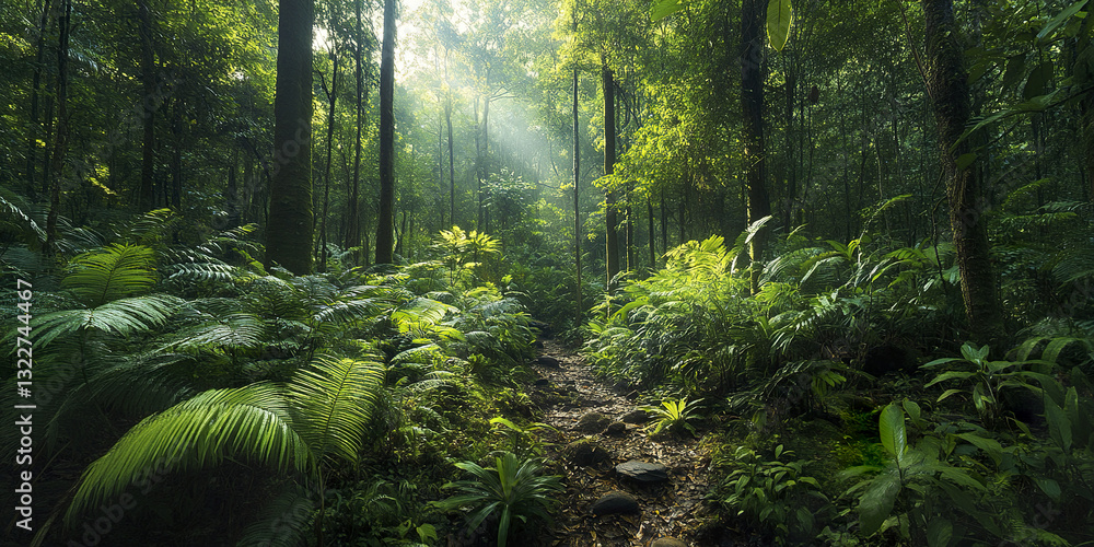 Fototapeta premium Lush tropical rainforest with tall trees and sunlight filtering through