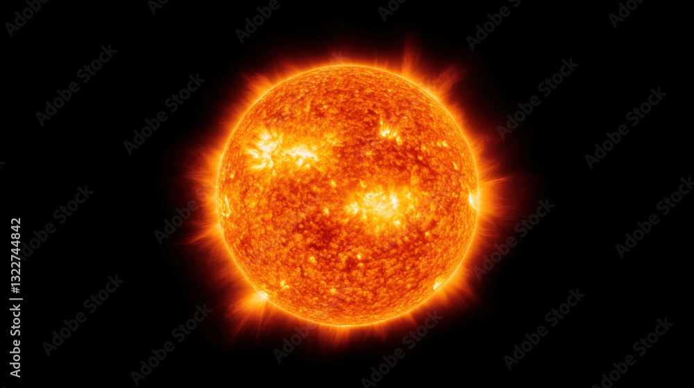 Fototapeta premium stunning view of sun showcasing its bright surface and solar flares, radiating warmth and energy in dark space background