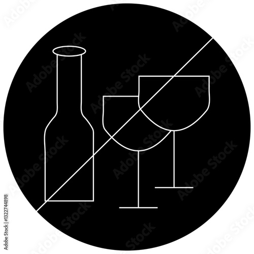 No Alcohol Icon with Transparent Background – Prohibited Drinking Symbol, Wine Glass and Bottle Ban, Alcohol-Free Zone, Health and Safety Sign for Awareness