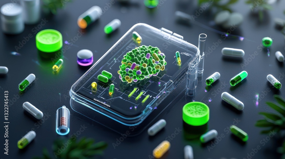 Fototapeta premium Digital Brain Enhancement: An artistic, high-tech illustration featuring a human brain displayed within a digital device, surrounded by pills and capsules.