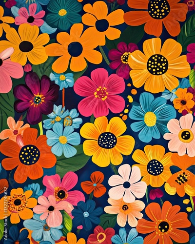 Wallpaper Mural Colorful Floral Pattern with Vibrant Flowers on Dark Background Torontodigital.ca