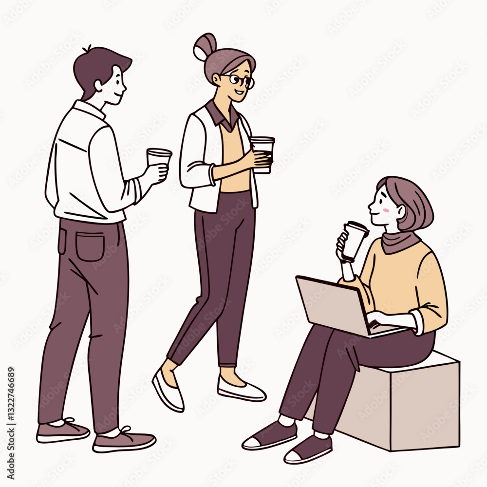 People at coffee break flat vector illustration. Tiny man and women relaxing, talking and drinking coffee. Communication and office experience concept People at coffee break flat vector illustration. Tiny man and women relaxing, talking and drinking coffee. Communication and office experience concept