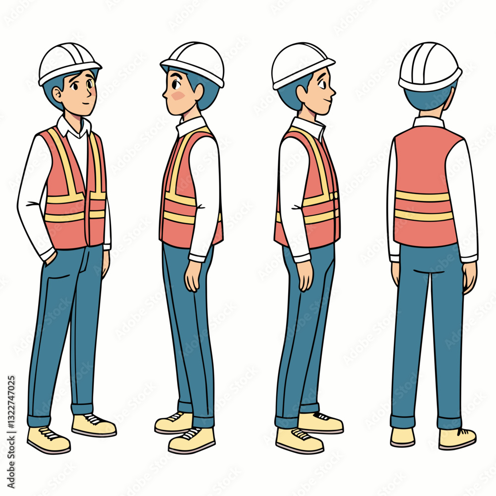 Construction worker, builder in helmet, vest, uniform vector illustration. Character constructor for animation. Front, side, and back view set. Body parts, postures, poses collection. Construction worker, builder in helmet, vest, uniform vector illustration. Character constructor for animation. Front, side, and back view set. Body parts, postures, poses collection.