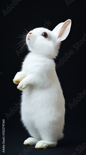 A fluffy white rabbit, a cute and furry domestic pet, isolated on black