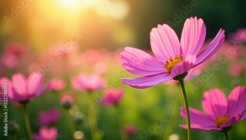 Cosmos flowers swaying gently in a sunlit garden , vibrant, beauty