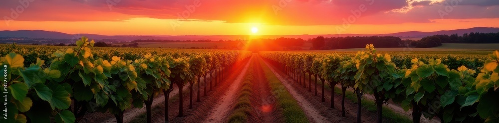 Fototapeta premium Crimson sunset casts long shadows across French vineyard rows , sun, sky, twilight