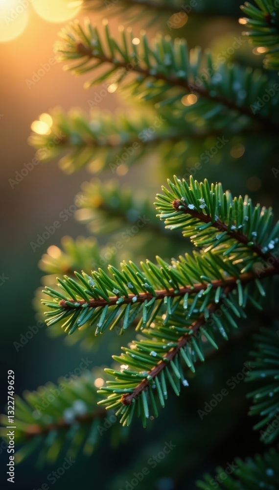 Close-up of glittering pine boughs with warm light bokeh effect , festive, close-up, background Close-up of glittering pine boughs with warm light bokeh effect , festive, close-up, background