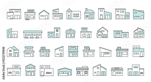 建物アイコン　不動産　　家　住宅　戸建て　シンプル　イラスト　セット　バリエーション　線画　ベクター