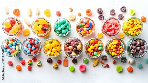 Koleksi Permen Warna Warni dalam Stoples Kaca dan Tersebar di Latar Belakang Putih Terisolasi