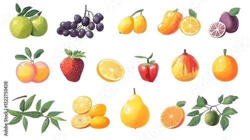 Ilustrasi Koleksi Buah Buahan Segar Berwarna Warni Terisolasi Latar Belakang Putih