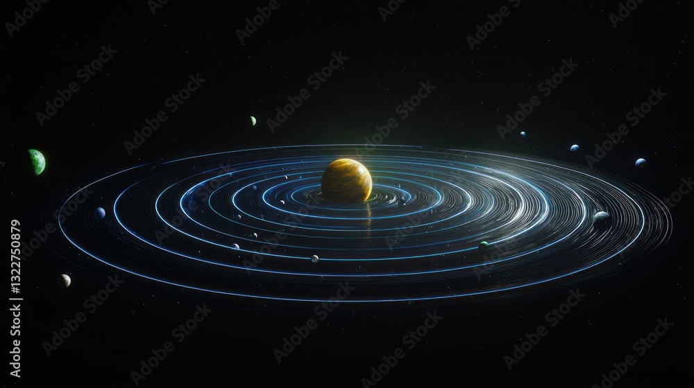 Obraz premium Celestial Symphony: a cosmic dance of planets in our solar system, depicted with vibrant artistry, set against a deep space background.