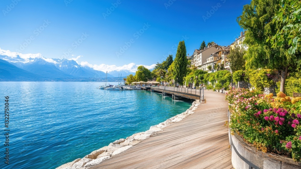 Serene lakeside view with flowers and distant mountains under bright blue sky during sunny day Serene lakeside view with flowers and distant mountains under bright blue sky during sunny day