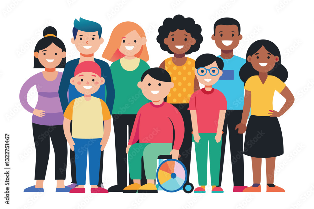 Multinational large group of people isolated on white background. Children, adults and teenagers stand together. Vector illustration Multinational large group of people isolated on white background. Children, adults and teenagers stand together. Vector illustration