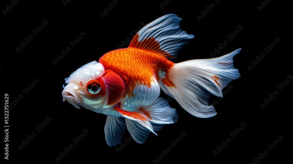 Red-white goldfish, dark background, aquatic, pet Red-white goldfish, dark background, aquatic, pet