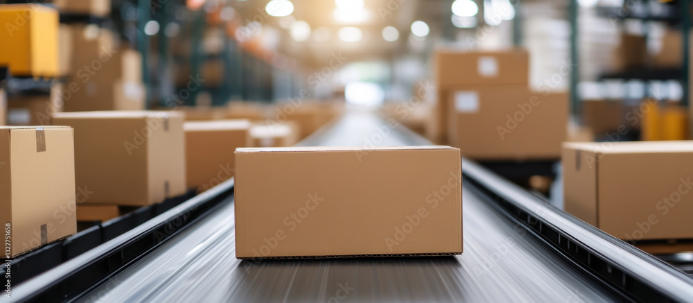 Conveyor belt carrying cardboard boxes in warehouse setting, showcasing efficient logistics and storage solutions. scene conveys sense of productivity and organization Conveyor belt carrying cardboard boxes in warehouse setting, showcasing efficient logistics and storage solutions. scene conveys sense of productivity and organization